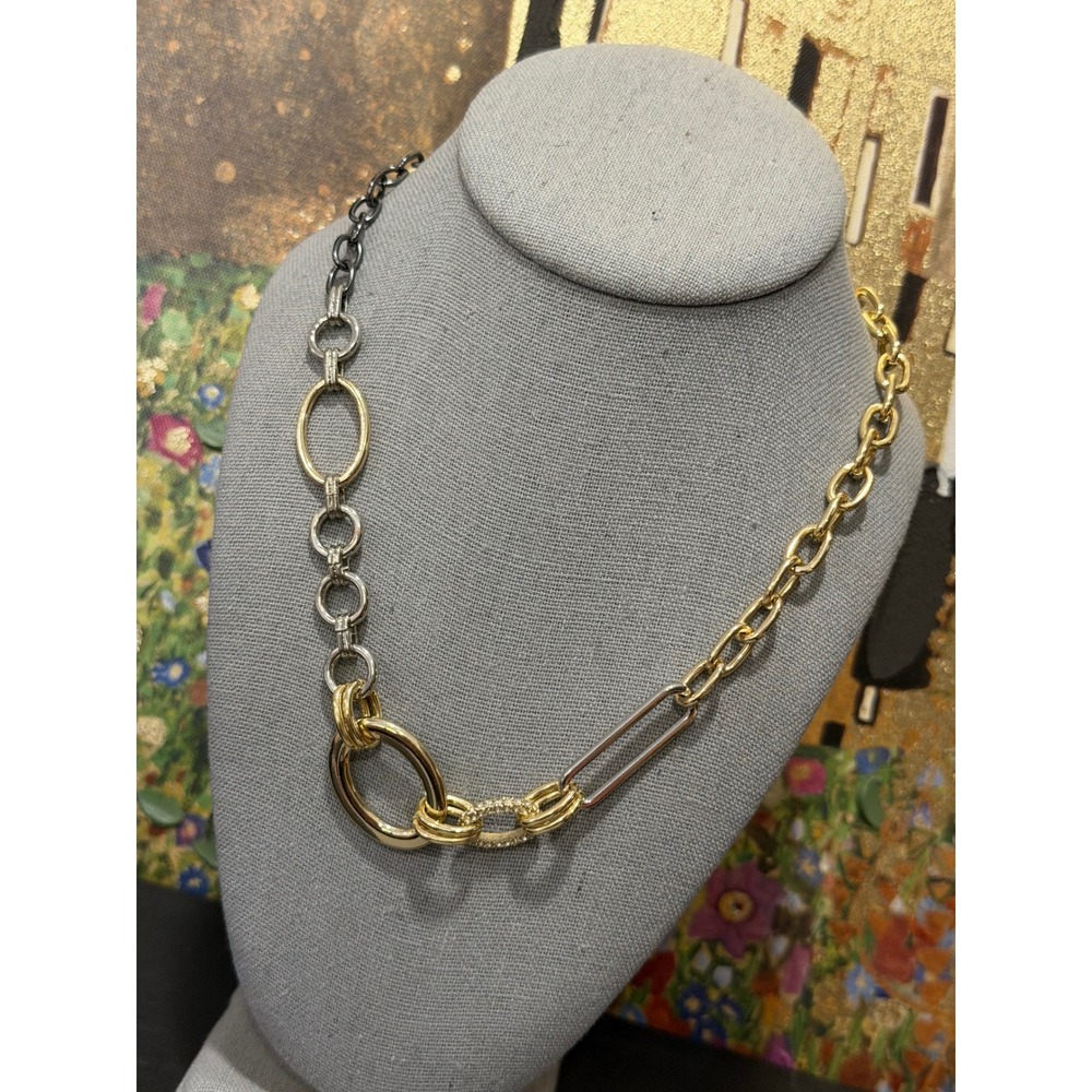 Graziano Mixed Metal Link Necklace Gold Tone Silver Tone Gunmetal Pave Accents - Picture 8 of 16